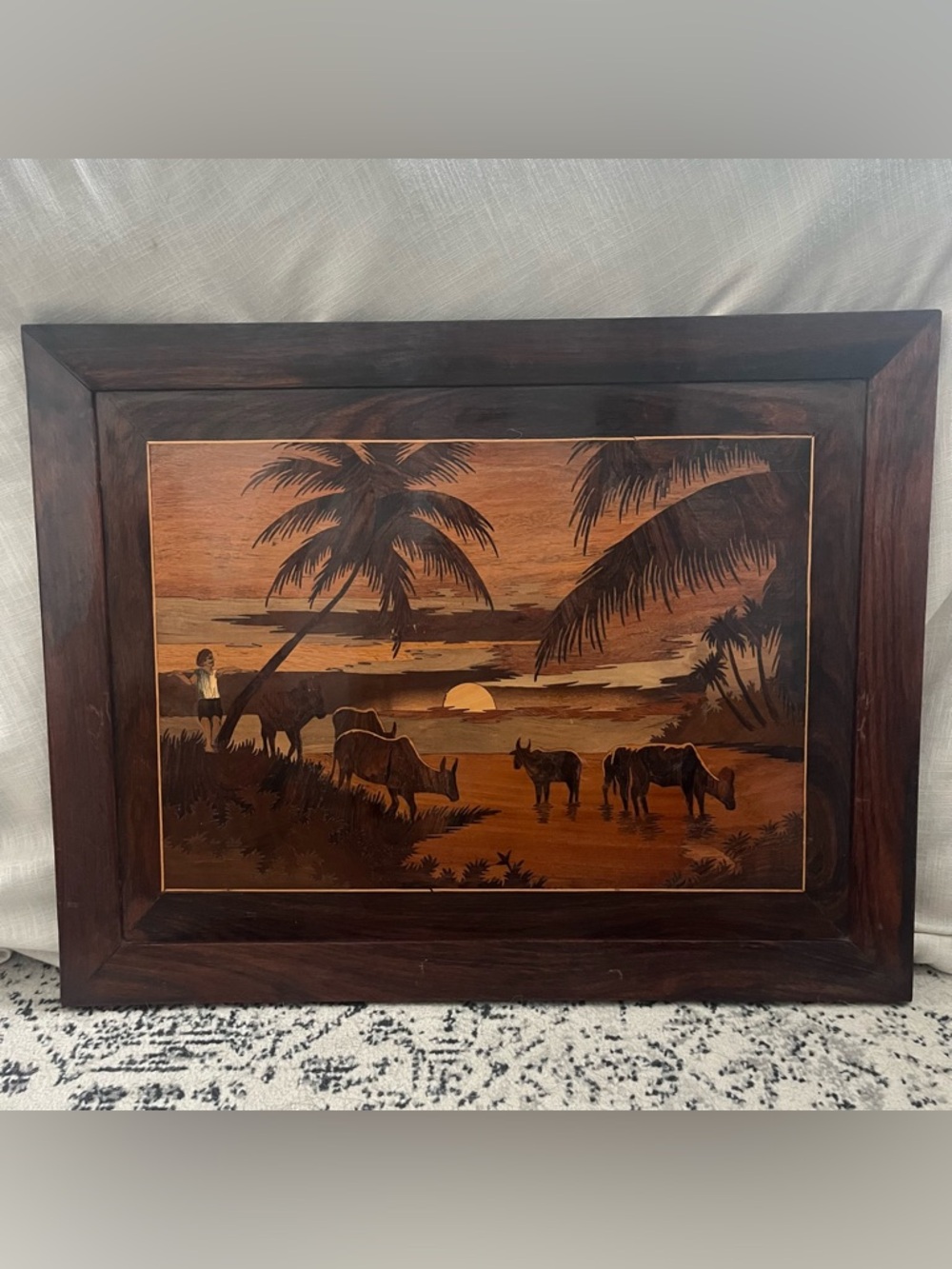 Vintage Handcarved Tropical Sunset Wood Plaque with Cattle Scene